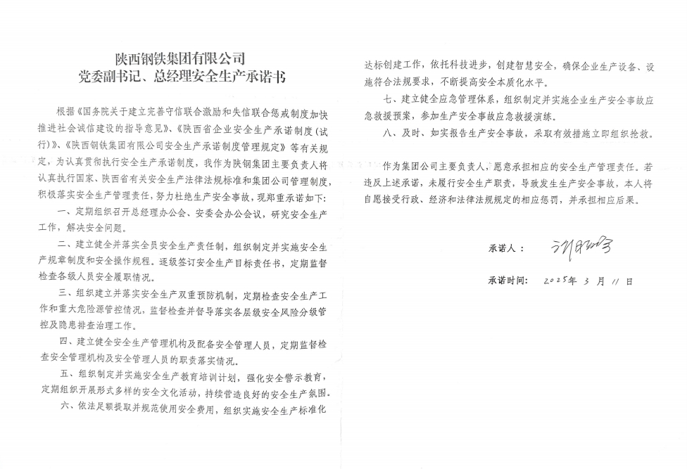 陜西鋼鐵集團(tuán)有限公司黨委副書記、總經(jīng)理安全生產(chǎn)承諾書
